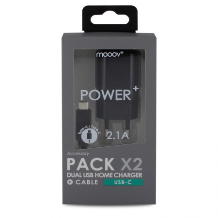 Chargeur secteur 2 USB-A + câble USB-A /USB-C 1M