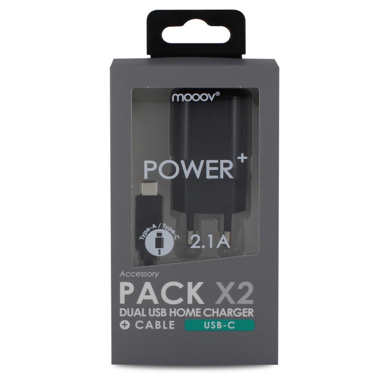 Chargeur secteur 2 USB-A + câble USB-A /USB-C 1M