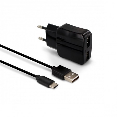 Chargeur secteur 2 USB-A + câble USB-A /USB-C 1M