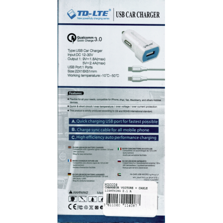 Chargeur voiture Lightning Quick Charge 3.0 2,4A